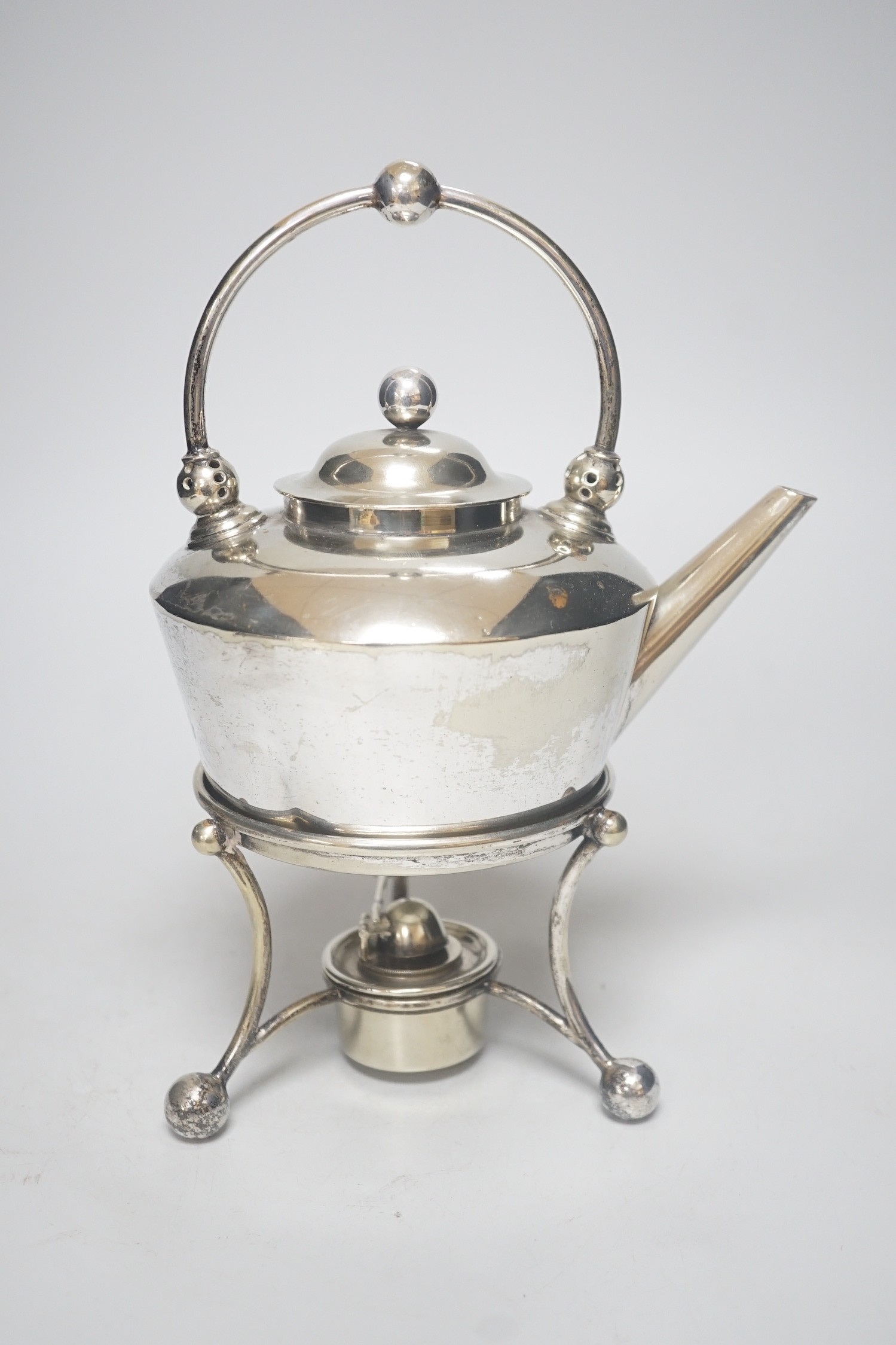 A Dresser style electroplate tea kettle, burner and stand